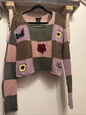 Thorn & Fable Open-Knit Crochet Sweater in Pink & Olive